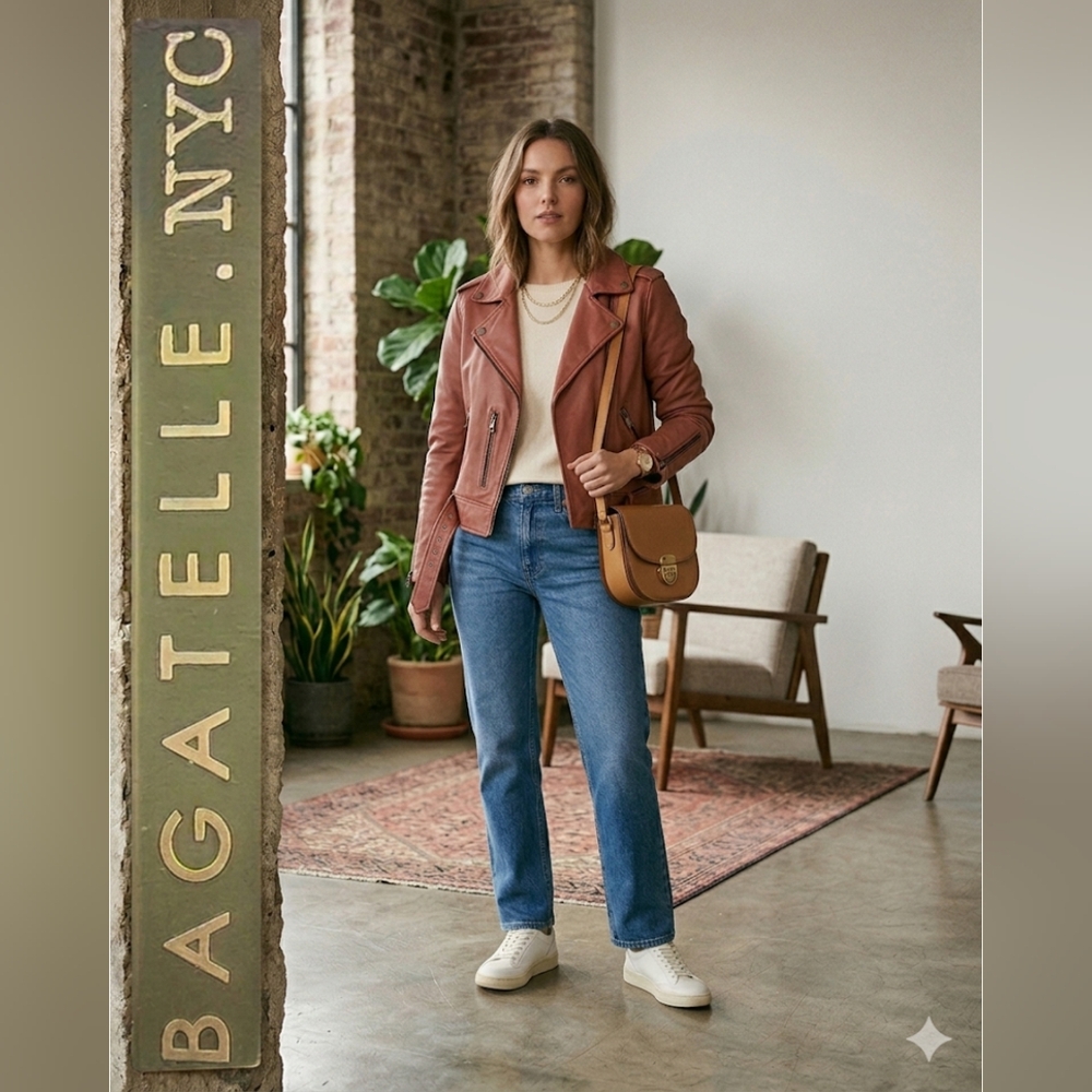 🤎Bagatelle.NYC Brown Genuine Leather Biker Moto Jacket with Hardware, Size S